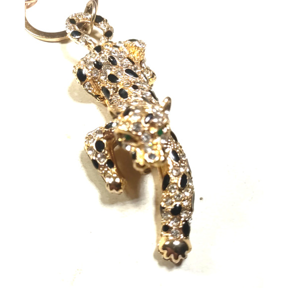 Leopard Rhinestone Keychain Gold Tone Black Green Rhinestone Keychain Purse Clip - Picture 5 of 6